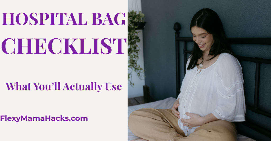 A 30-year old pregnant woman sitting on a bed packing a neutral colored hospital bag for labor and delivery in 2026