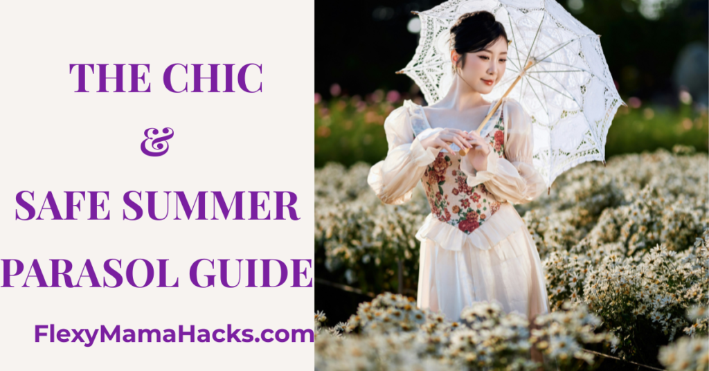 Young woman using chic peach UPF 50+ parasol in sunny garden for luxury summer 2026 sun protection