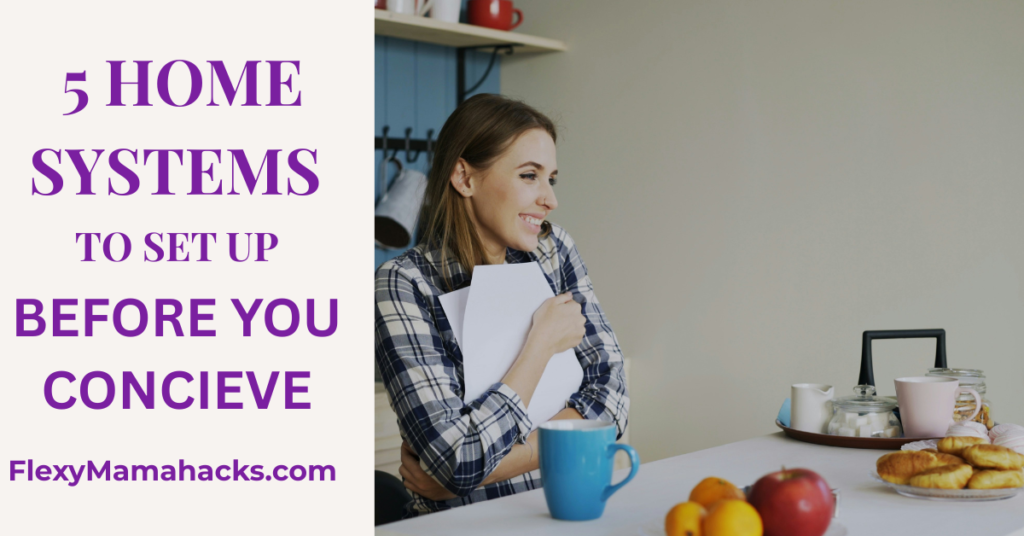 A woman in her 20s planning her home systems in a bright, minimalist kitchen before conceiving