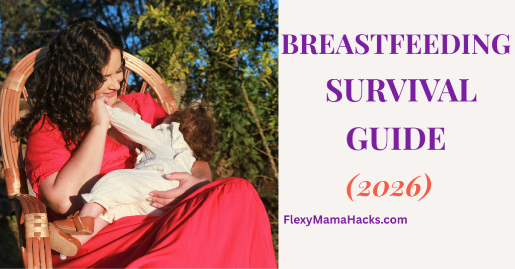 A young mom sitting in a comfortable nursery chair with her baby, showing a calm breastfeeding environment by flexymamahacks.com
