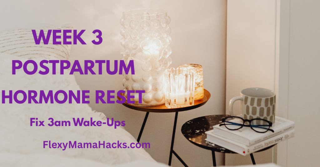 A cozy, dimly lit bedroom setup with evening tea representing night routine protocols for week 3 postpartum hormone reset sleep recovery.