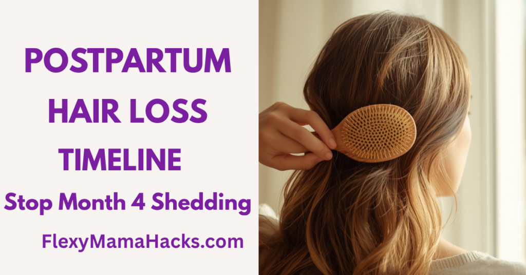mom looking at hair brush during postpartum hair loss month 4